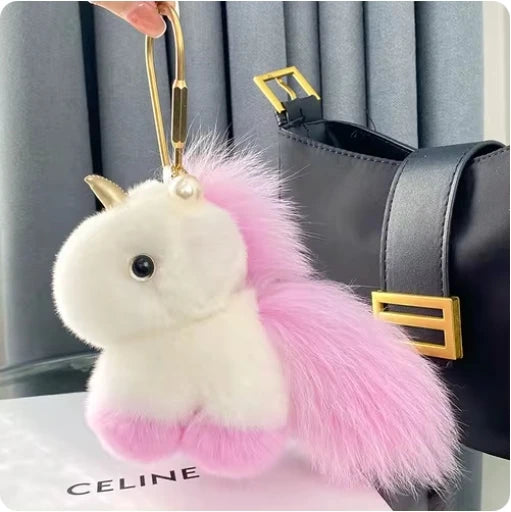 Kawaii Fluffy Unicorn Keychain Charm π¦β¨ Real Rabbit Fur Backpack Clip & Handbag Accessory for Girls & Women