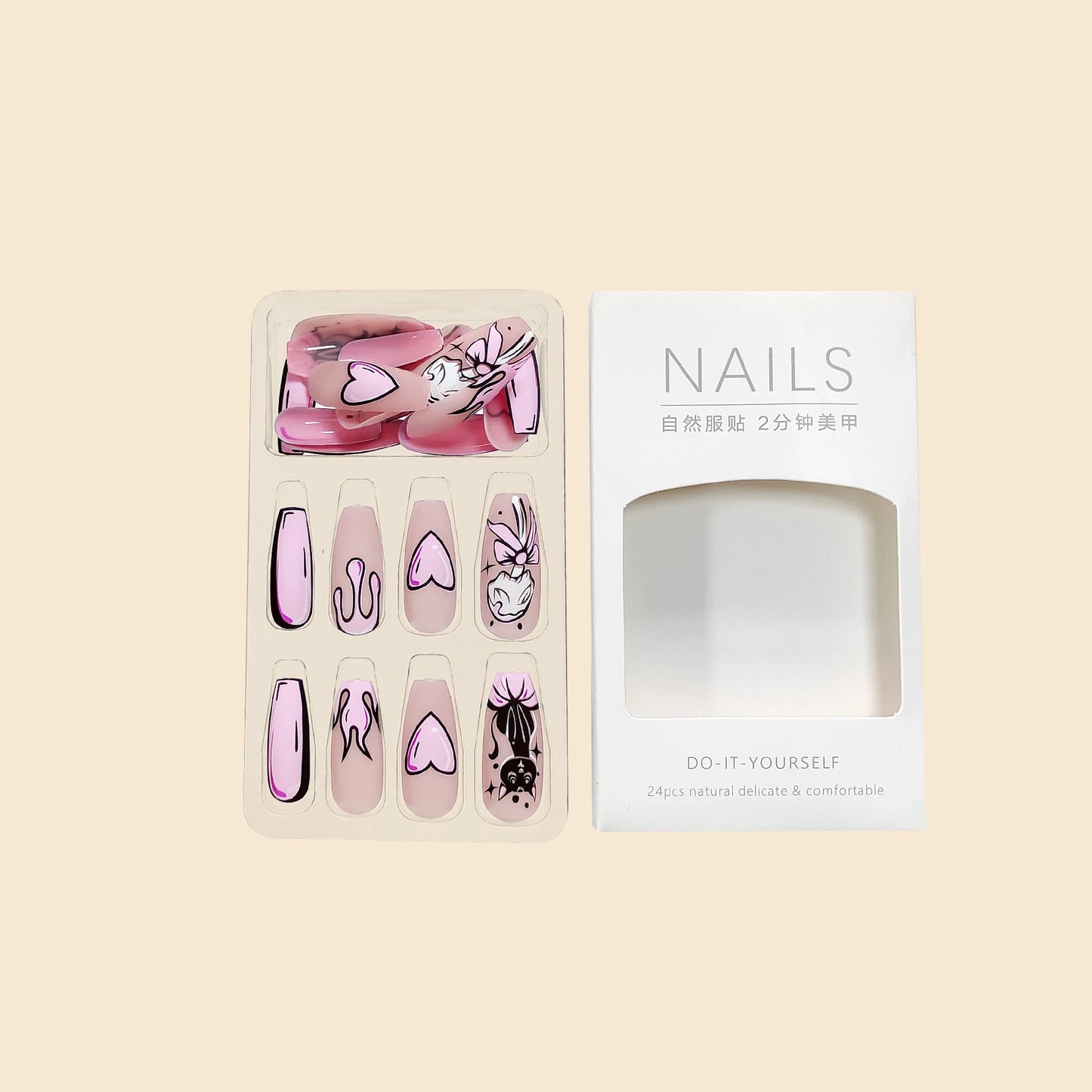 Kawaii 24Pc Long Ballet Pink Press-On Nails πβ¨ Cute Cat & Heart Patterns for Whimsical Nail Art! πΎπ