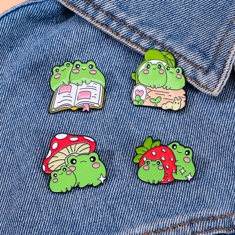 ππΈ Adorable Kawaii Strawberry & Frog Couple Enamel Pins - Cute Backpack Brooches! π