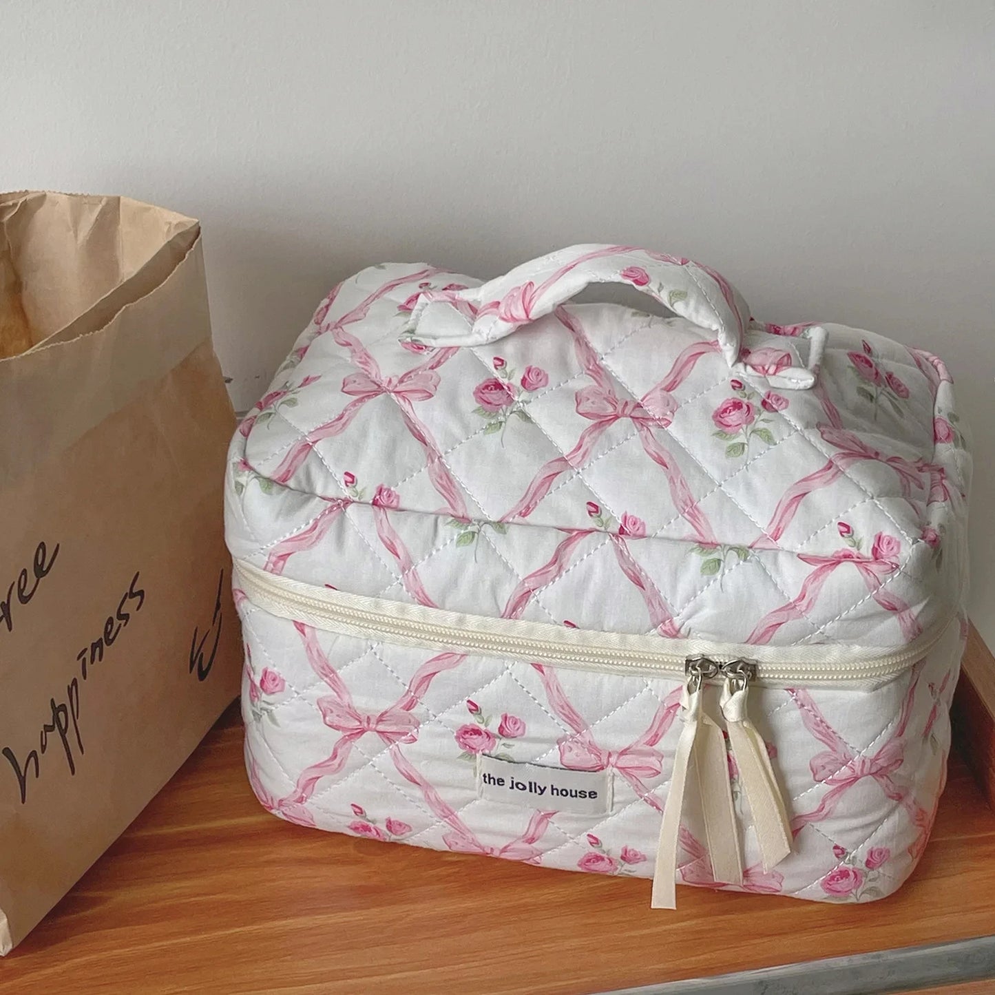 Kawaii Bow Flower Quilted Makeup Bag πΈβ¨ | Adorable Zipper Cosmetic Organizer for Girls ππ