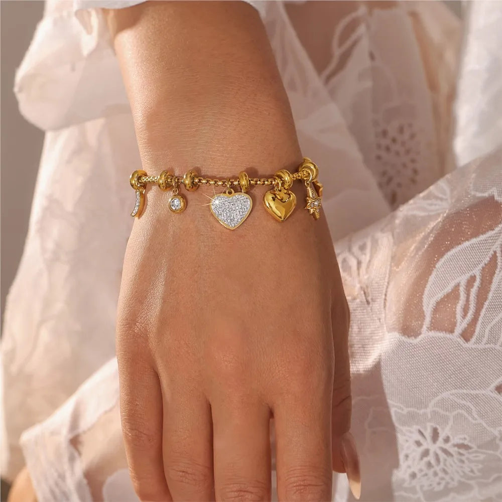 Kawaii 316L Stainless Steel Heart Charm Bracelet πβ¨ - 18k Gold-Plated with Sparkling Zircon Pendants! ππ