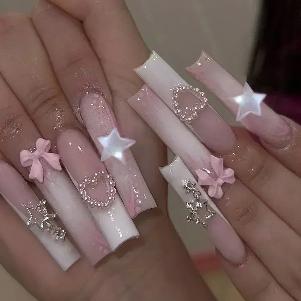 Kawaii Love Pattern Coffin Nails πβ¨ | 24Pcs Brown French Full Cover Press-On Tips π
π