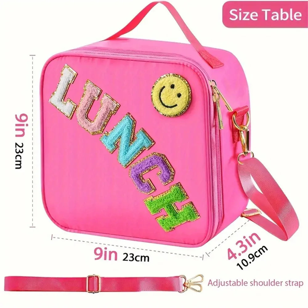 Kawaii Chenille Patch Insulated Lunch Bag πβ¨ | Adjustable Strap Nylon Lunch Box for School & Picnics ππ₯ͺ