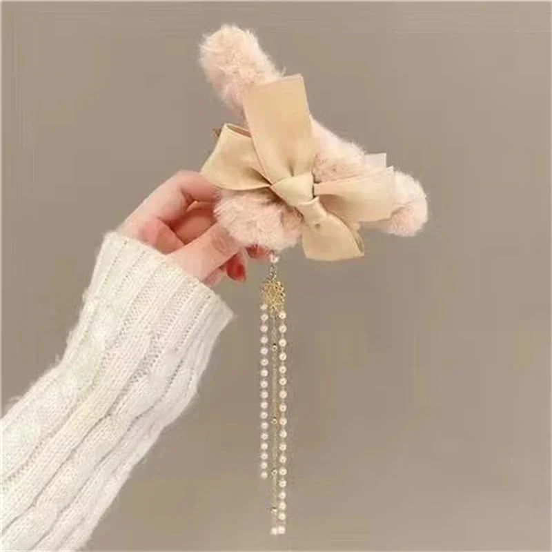 π Plush Bow & Tassel Hair Claw Clips β¨ Cute Korean Style for Girls - Perfect Fall & Winter Accessory! π¦