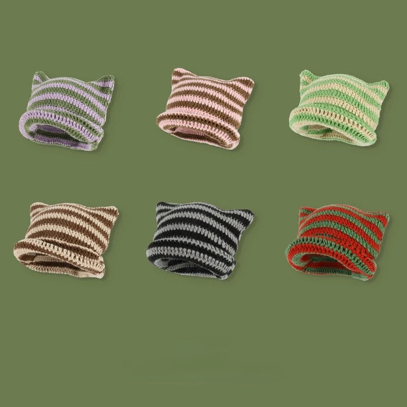 Kawaii Striped Devil Beanie π | Cute Cat Ear Knit Hat for Women πΎ | Cozy Winter Crochet Cap βοΈ