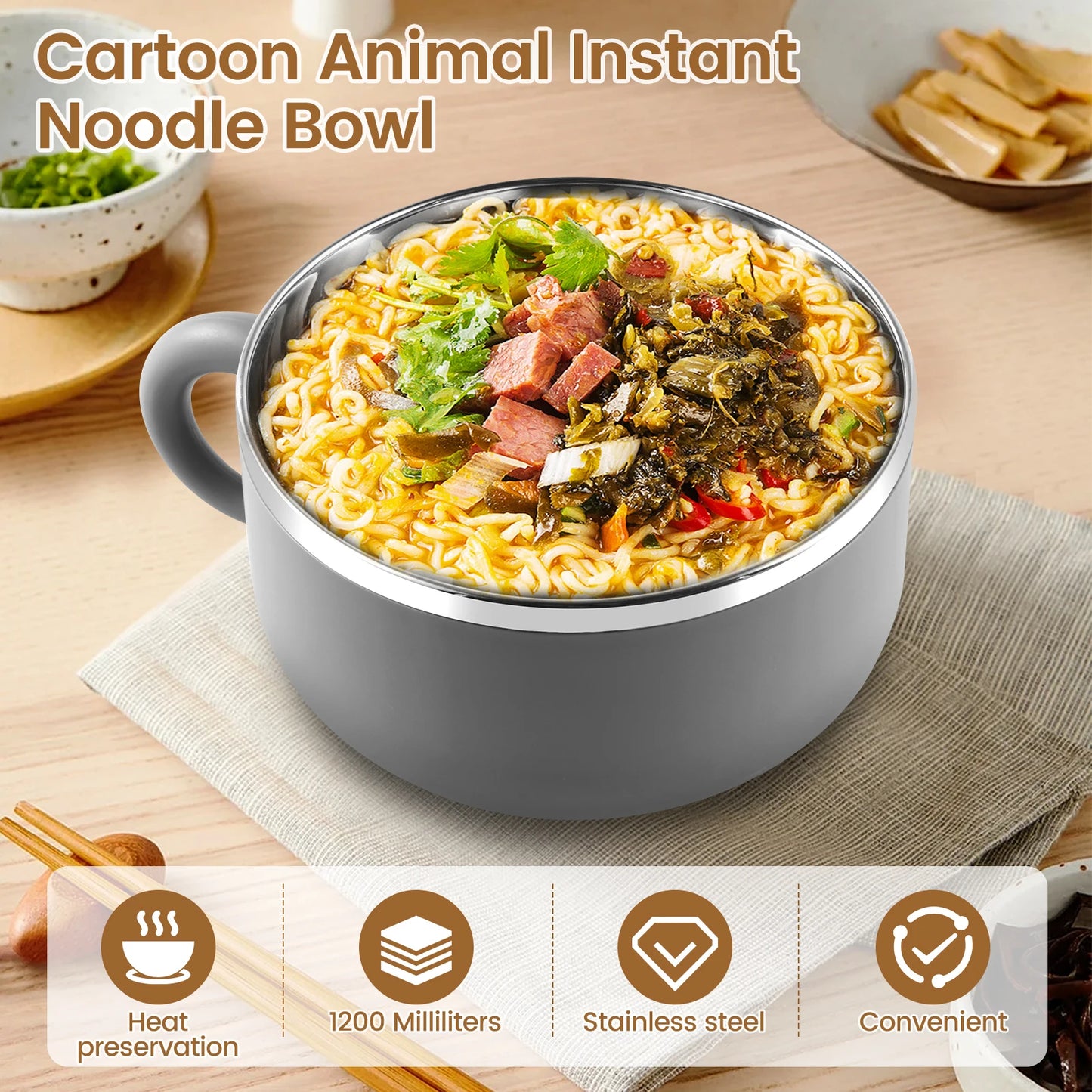 Kawaii 1200ml Stainless Steel Ramen Bowl πβ¨ with Cute Lid & Steam Vent - Perfect for Noodles, Soup, & Lunch On-the-Go! ππ₯’