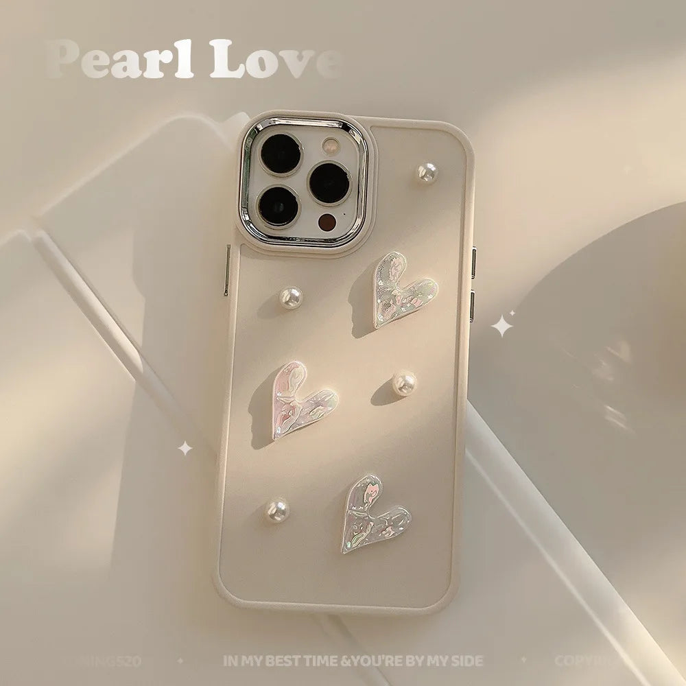 💕 Adorable 3D Pearl Love Heart Phone Case for iPhone - Soft Silicone Bumper 🎀✨