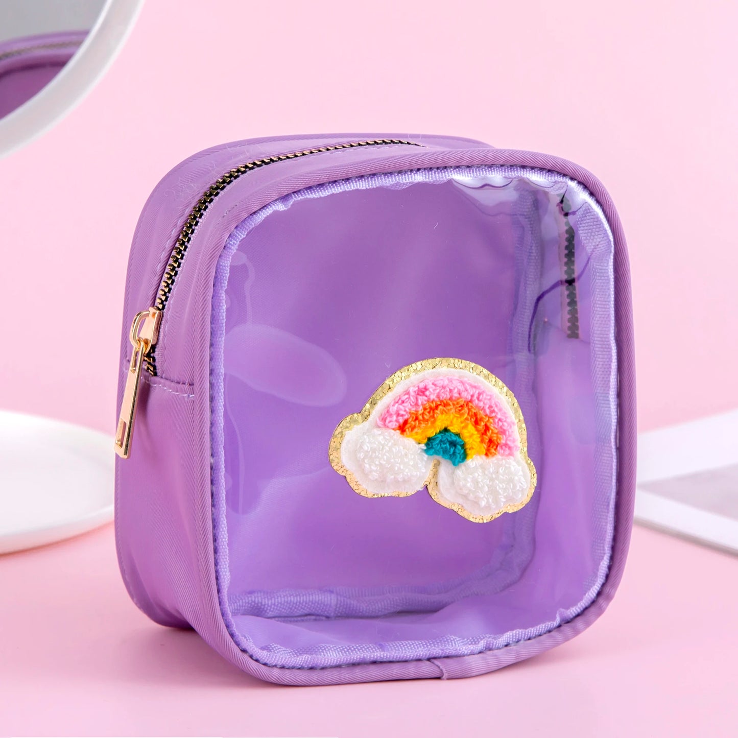 Kawaii Mini Waterproof Lipstick Pouch β¨π Chenille Heart & Rainbow Plane Patches | Clear PVC Travel Makeup Bag πβοΈ Zippered Cosmetic Case