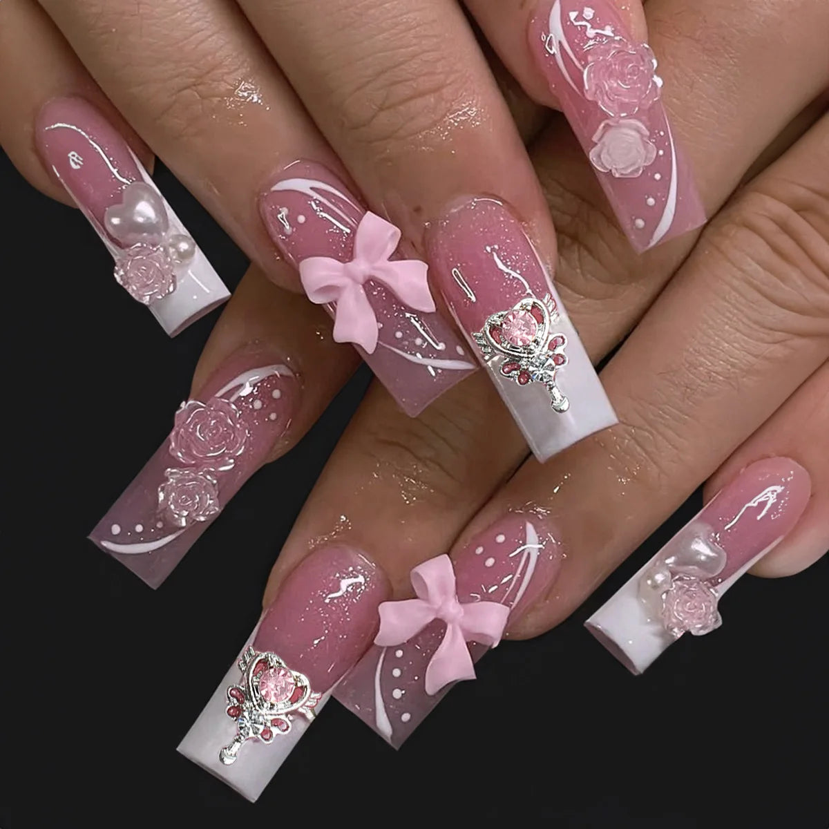 Kawaii Pink Bow Ballet Coffin Press-On Nails πβ¨ - 24 Pcs Full Cover Magic!