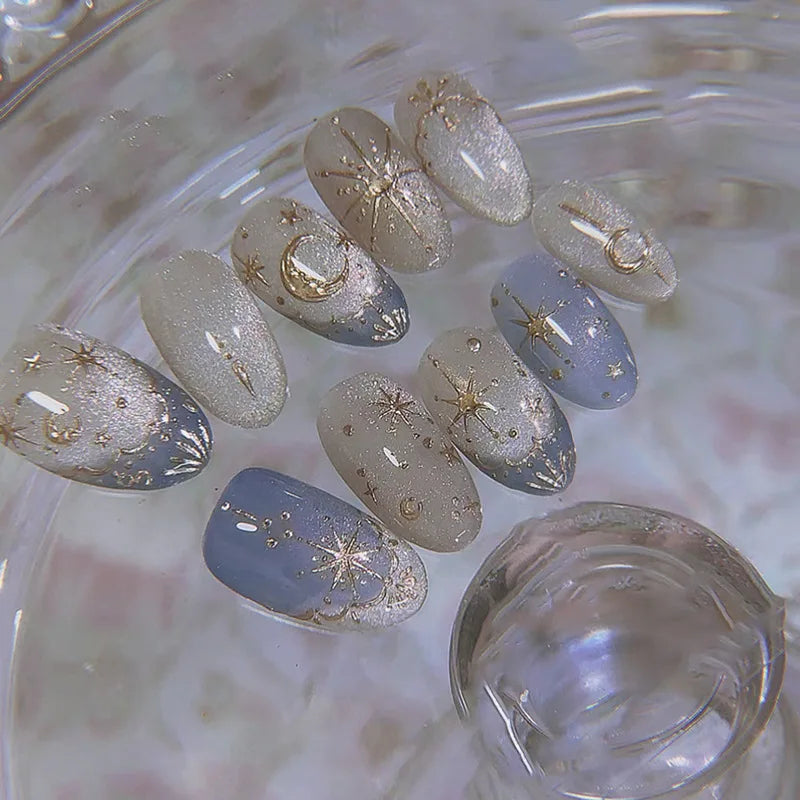 Kawaii Dreamy Starry Press-On Nails πβ¨ | 24pcs Gradient Blue French Tips with Gold Moon Designs ππ
for Sweet Almond Looks!