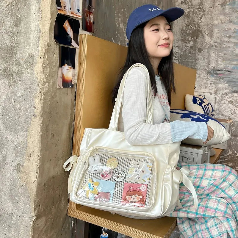 Kawaii Ribbon Bow Tote Bag πΈβ¨ Sweet Forest Style | Large Capacity Double-Sided Handbag for Students ππ