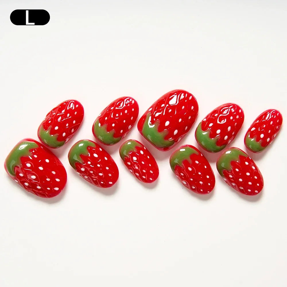Kawaii Strawberry Dream πΈπ 10pcs Handmade Pink Coffin Press-On Nails - Sweet 5D Decor for Cute Manicures!