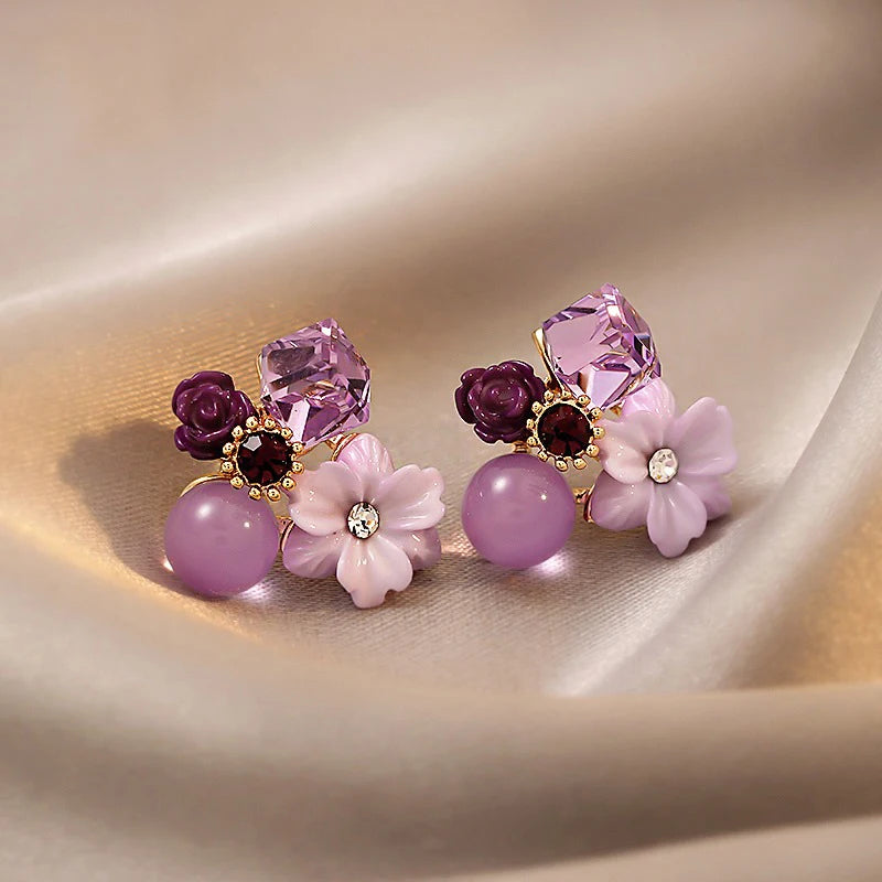 Kawaii Purple Flower Crystal Stud Earrings πΈβ¨ | Adorable Korean Fashion Jewelry for Elegant Weddings & Parties! π