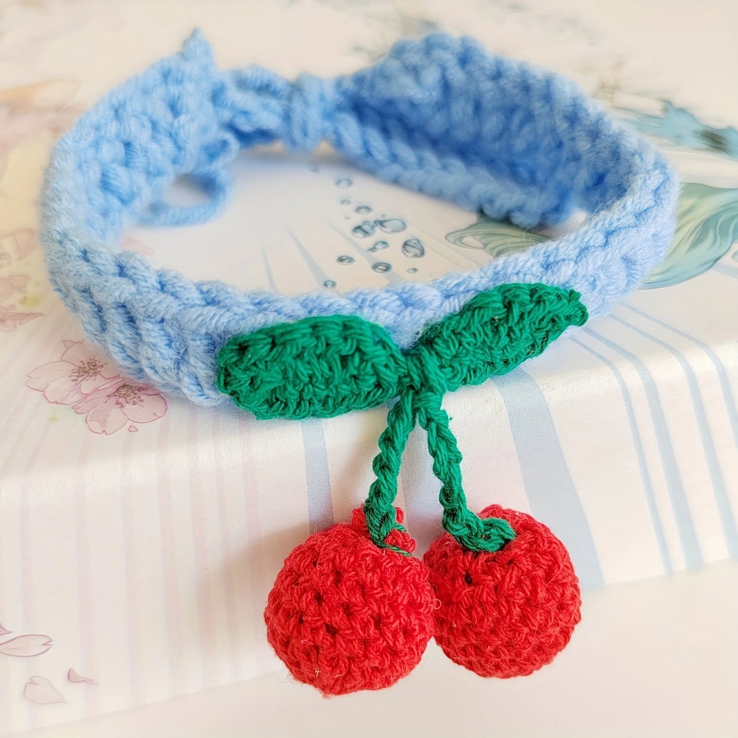 ๐ธ Adorable Cherry Charm Cat Collar ๐ Handmade Knitted Cutie for Your Feline Friend ๐พโจ