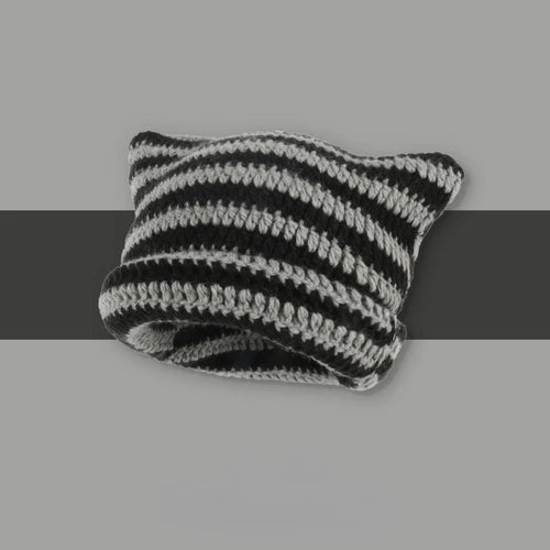 Kawaii Striped Devil Beanie π | Cute Cat Ear Knit Hat for Women πΎ | Cozy Winter Crochet Cap βοΈ