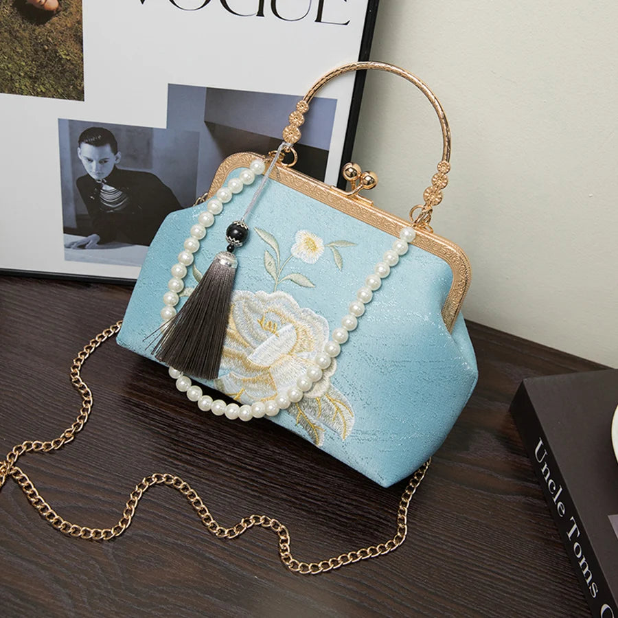 πΈ Kawaii Floral Shell Clutch Bag πβ¨ Luxury Evening Purse with Pearl Chains & Crossbody Magic! π Perfect for Parties!
