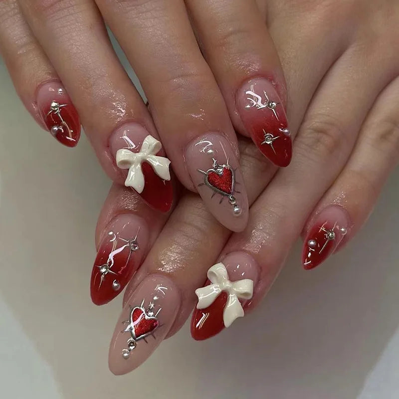 Kawaii Pink Bow French Nail Art - 24PC Almond Press-On Nails ππ
β¨