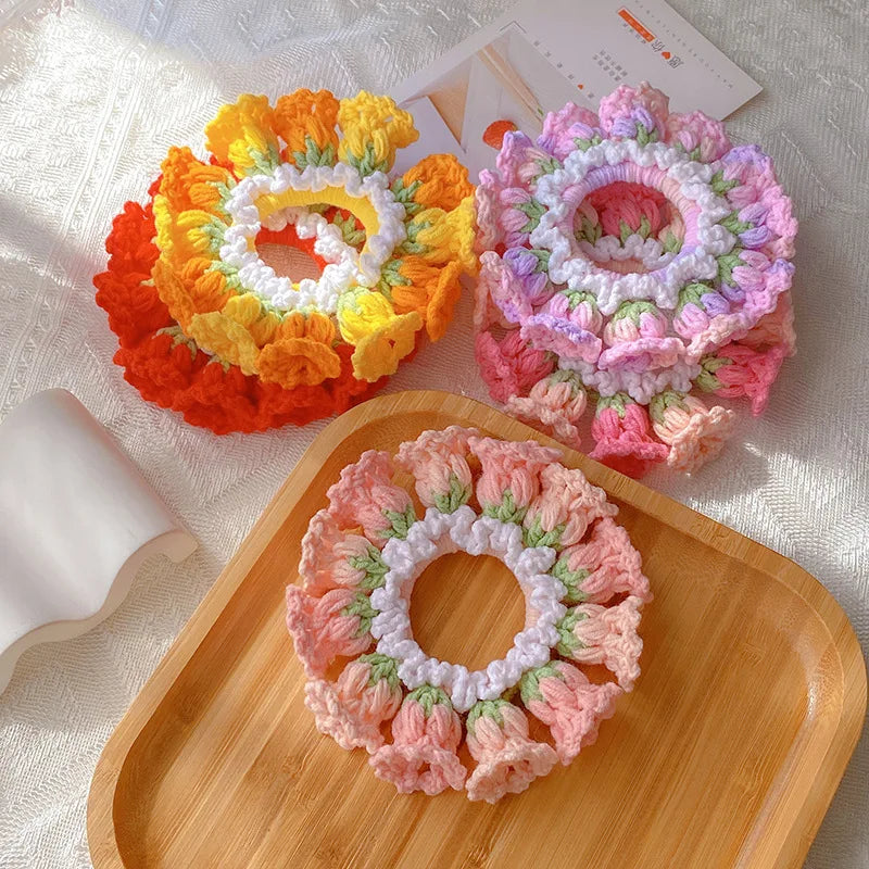 Kawaii Crochet Flower Ponytail Scrunchie ๐ธโจ| Adorable Knitted Hairband for Spring & Summer ๐ผ๐