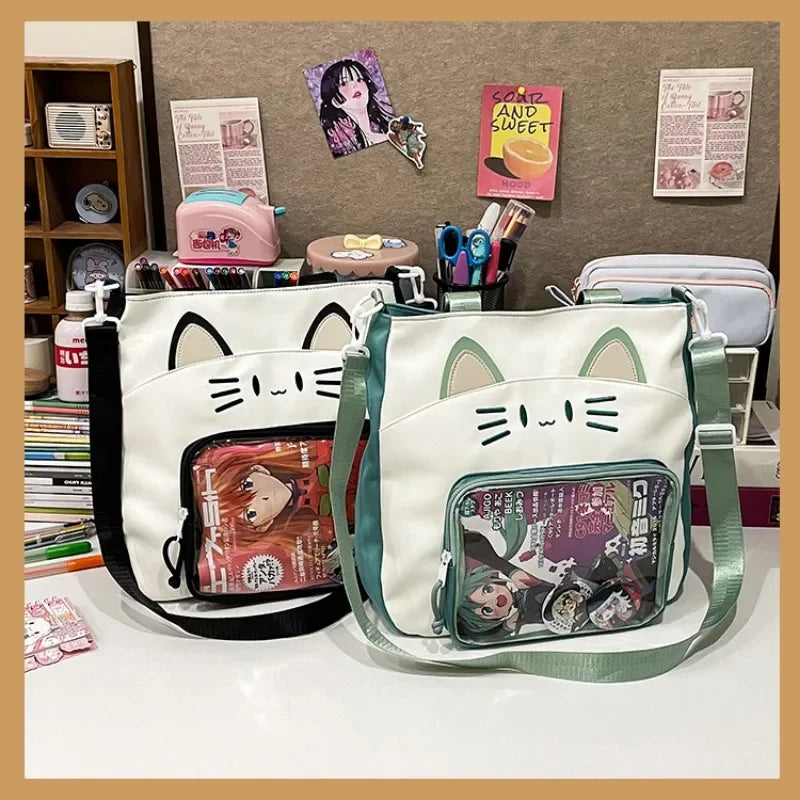 Kawaii Cat Love ๐โจ Large Nylon Ita Shoulder Bag - Versatile Crossbody Handbag with Transparent DIY Pocket ๐พ๐