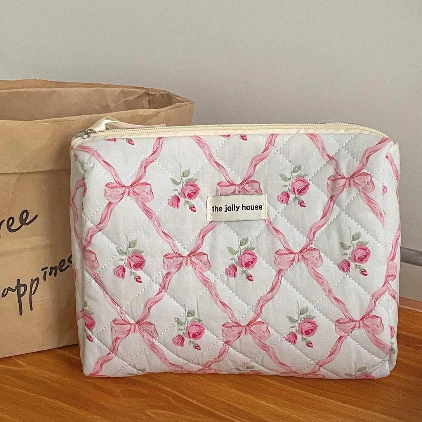 Kawaii Bow Flower Quilted Makeup Bag πΈβ¨ | Adorable Zipper Cosmetic Organizer for Girls ππ