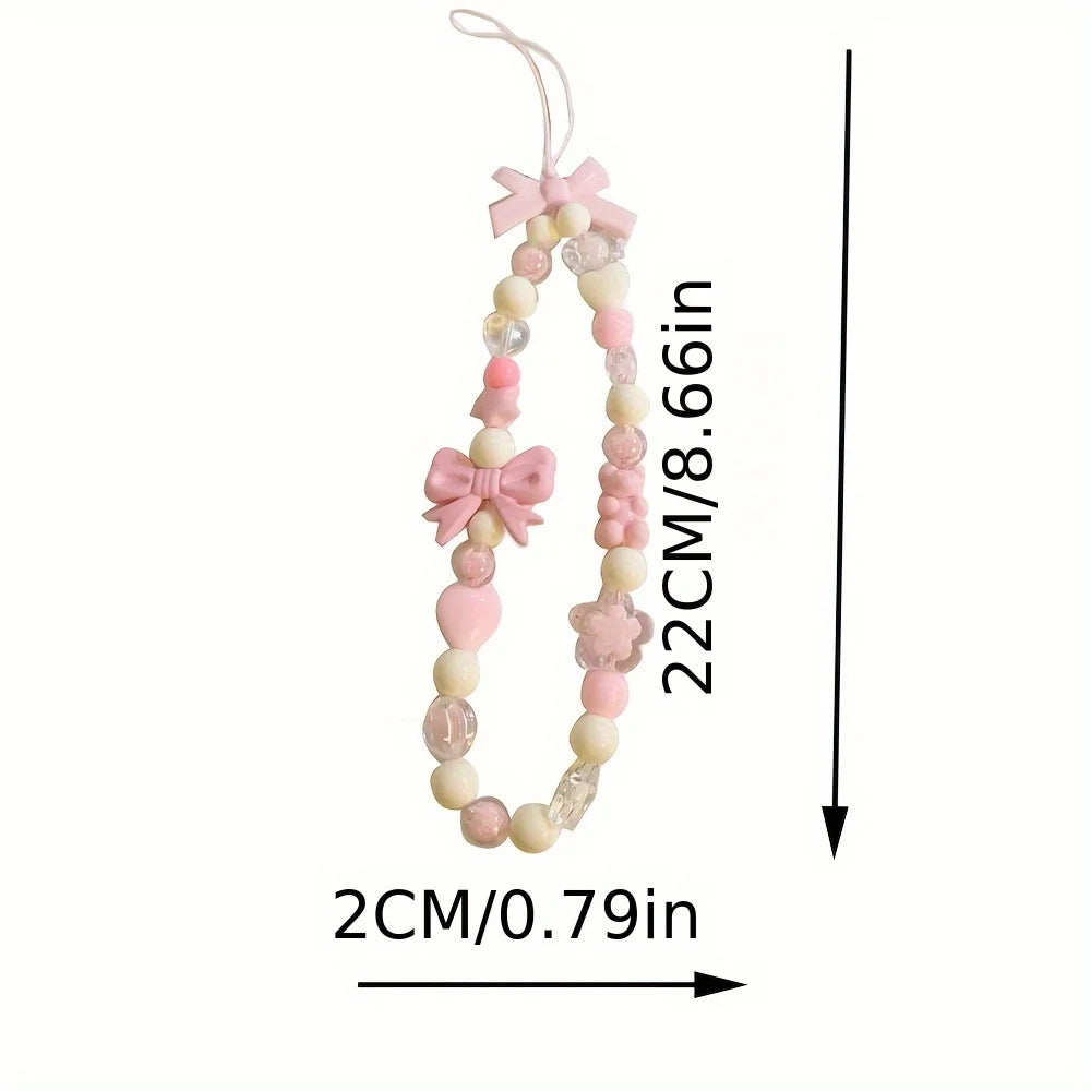 Kawaii Pink Bear & Bow Lanyard 🌸✨ Cute Pearl Phone Charm Strap for Girls❤️🦄
