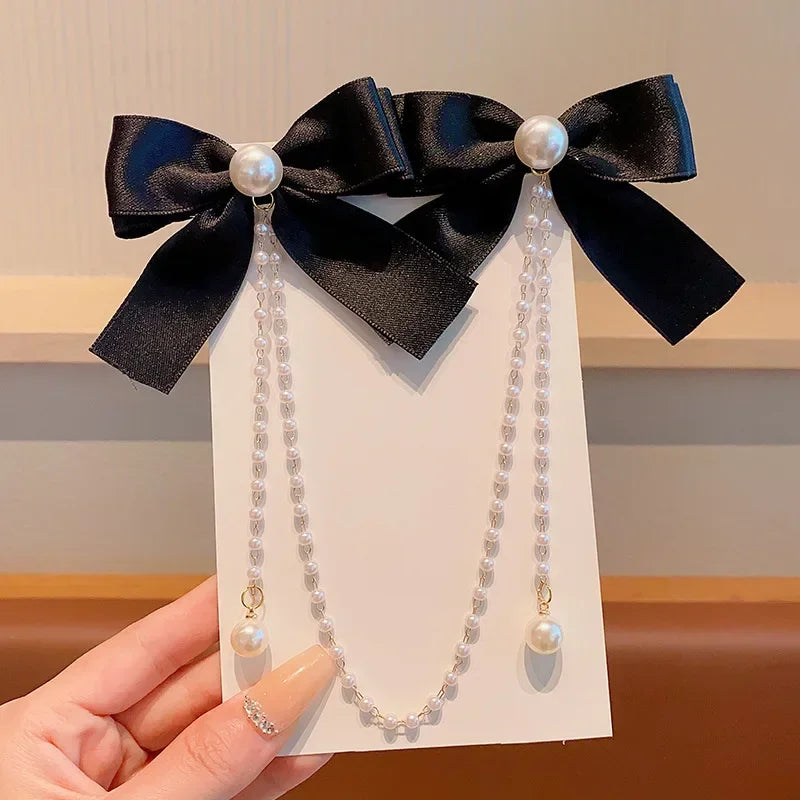 Kawaii Pearl Bow & Tassel Hair Clips πβ¨ Cute Velvet Hair Claw for Little Princesses πΈπ Adorable Fashion Accessories!