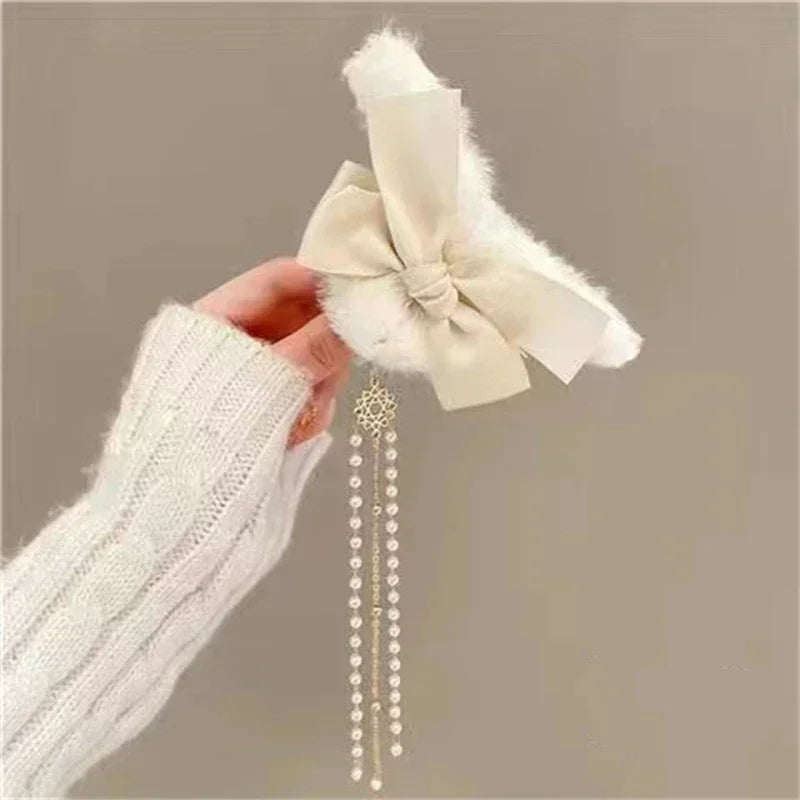 π Plush Bow & Tassel Hair Claw Clips β¨ Cute Korean Style for Girls - Perfect Fall & Winter Accessory! π¦