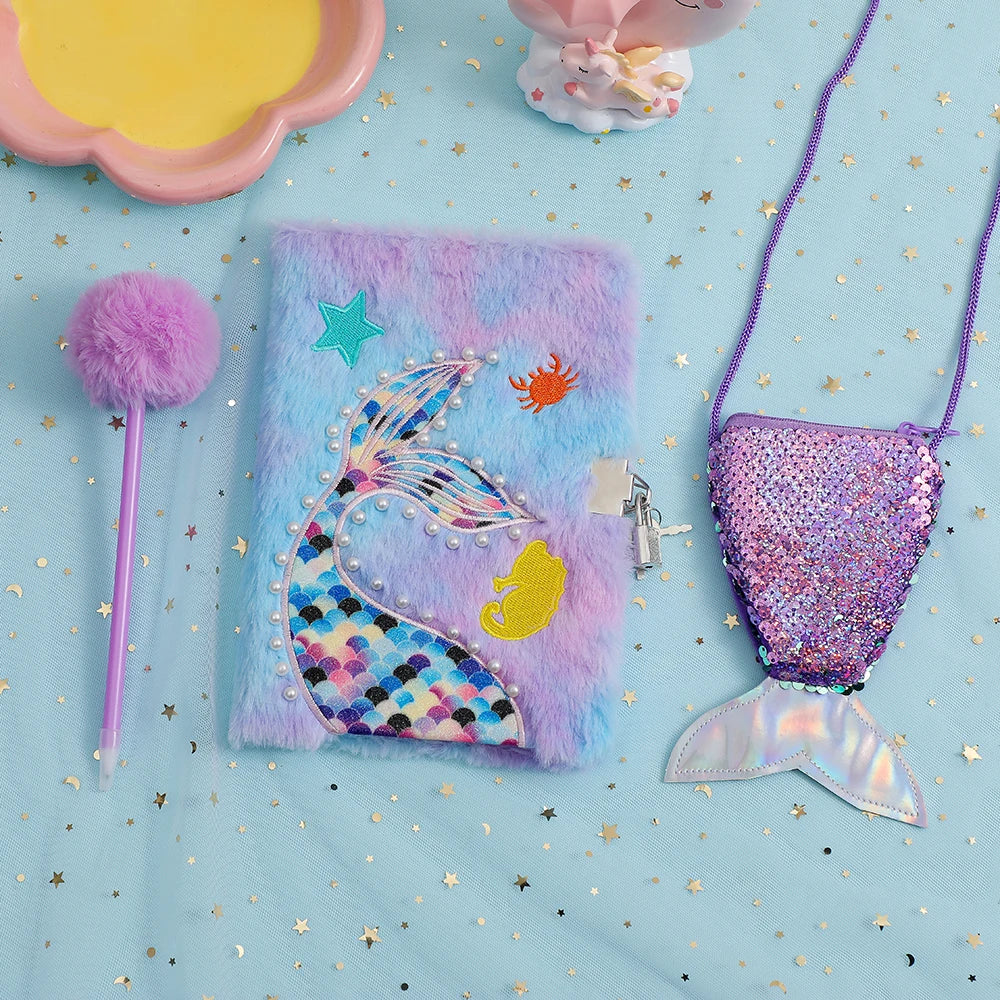 Kawaii Mermaid Plush Stationery Set π§ββοΈβ¨ - Fishtail Notebook, Cute Ballpoint Pen & Crossbody Bag for School & Office Supplies! πππ