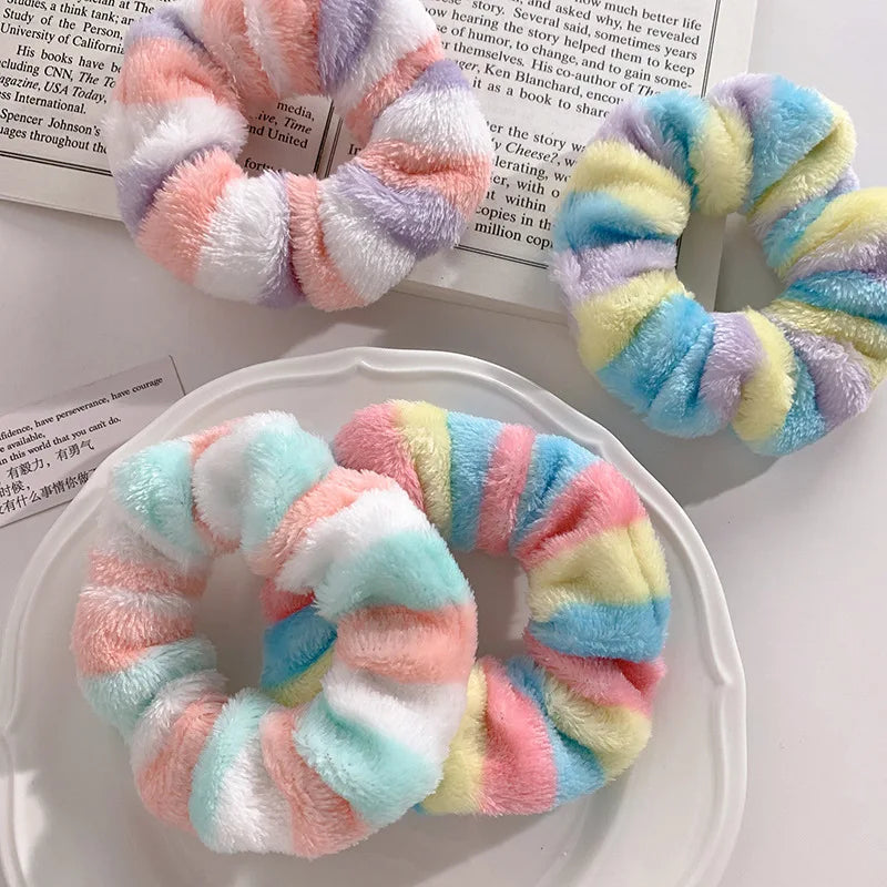 Kawaii Rainbow Fluffy Hair Scrunchies πβ¨ | 4pcs Soft Towel Hair Bands for Girls & Women ππ