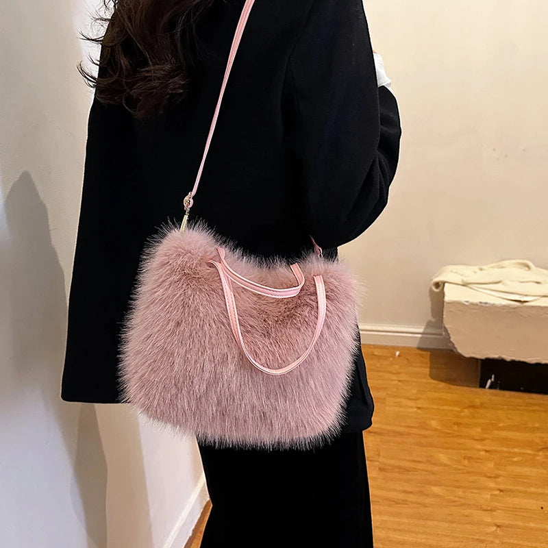 Kawaii Plush Faux Fur Bucket Tote πΎβ¨ | Soft Winter Women's Handbag ππΈ | Adorable Crossbody Shoulder Bag for Cozy Style!