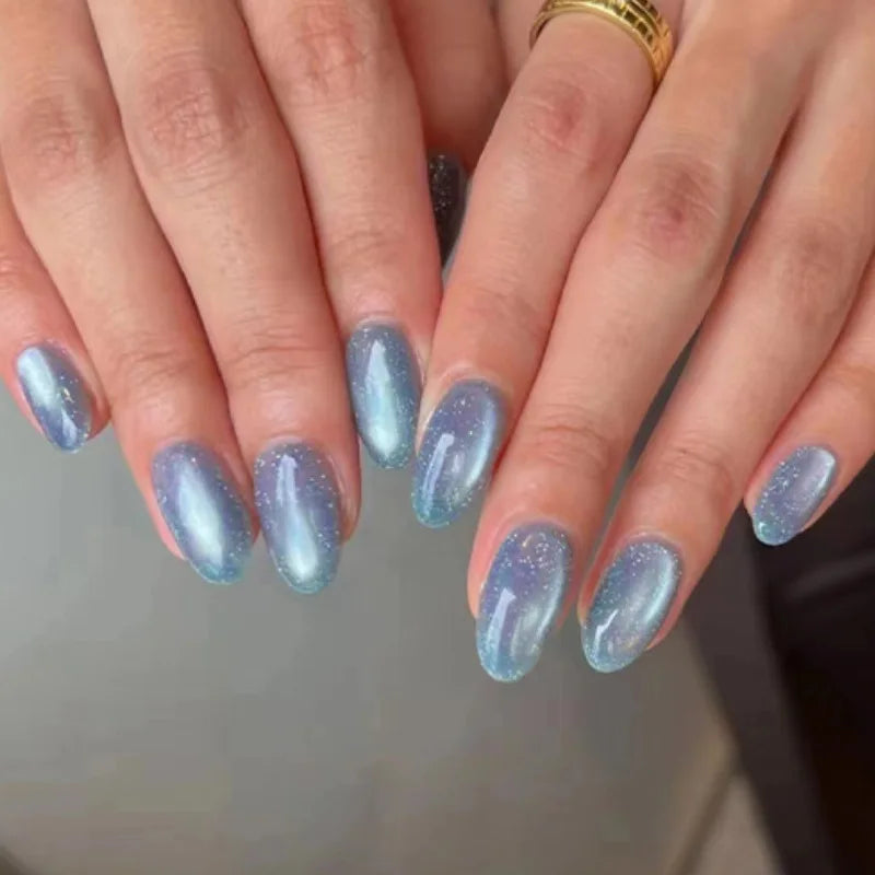 Kawaii Dreamy Starry Press-On Nails πβ¨ | 24pcs Gradient Blue French Tips with Gold Moon Designs ππ
for Sweet Almond Looks!
