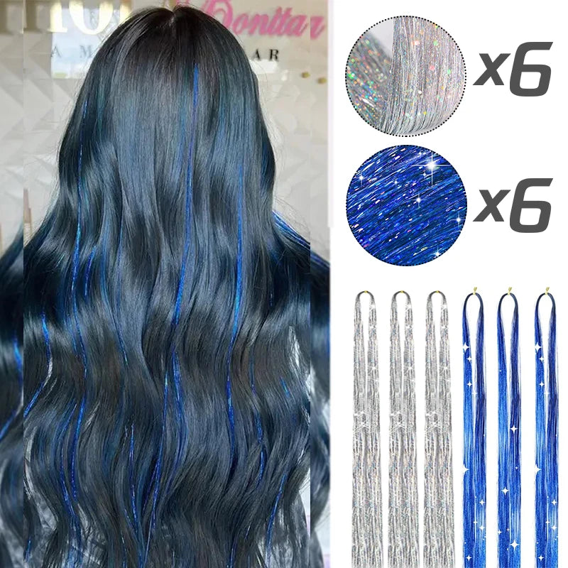 ✨Sparkly Fairy Hair Tinsel Set 🌈12 Shimmering Strands for Whimsical Hairstyles 🎉 Perfect for Parties & Festivals! 🦄✨