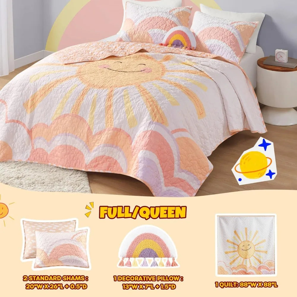🌈 Sunny Smiles Reversible Quilt Set ☁️ | Adorable Cotton Bedding for Kids 🛏️✨