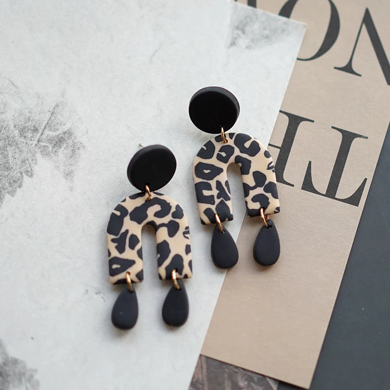 Leopard Pattern Polymer Clay Earrings Set π Multi Shapes Black White Drops β¨
