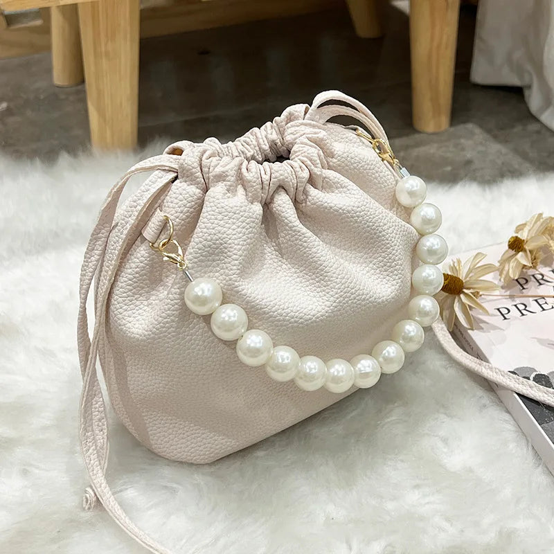 Kawaii Pearl Chain Bucket Bag 🐰✨ | Adorable PU Shoulder Tote for Trendy Ladies