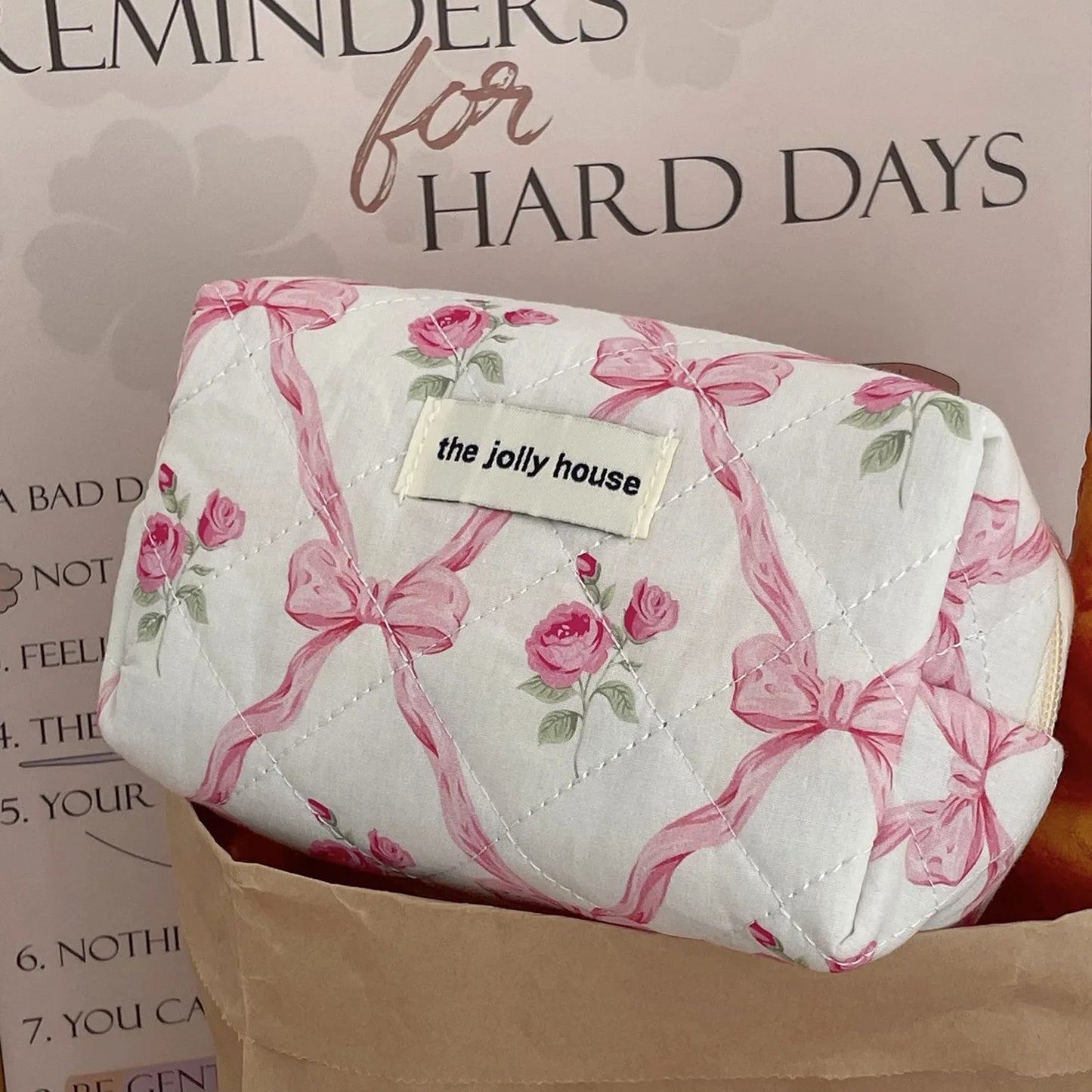 Kawaii Bow Flower Quilted Makeup Bag πΈβ¨ | Adorable Zipper Cosmetic Organizer for Girls ππ