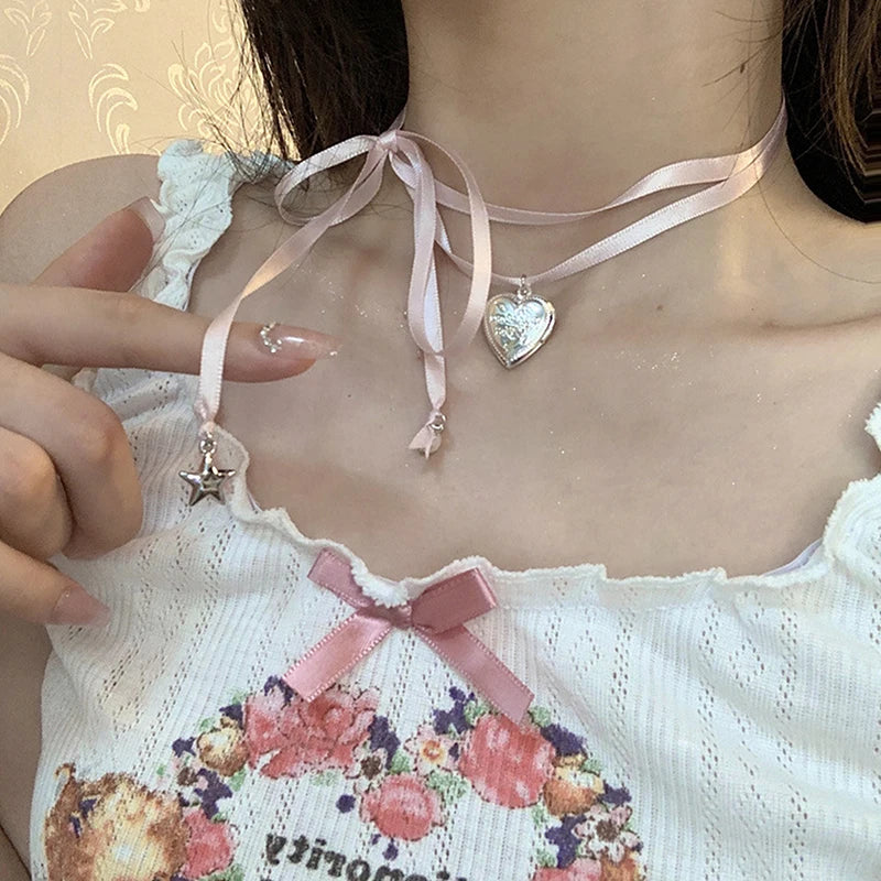 ✨Sweet Peach Heart Vibes 💖 Rope Ribbon Pendant Necklace for Trendy Ladies! 🌟