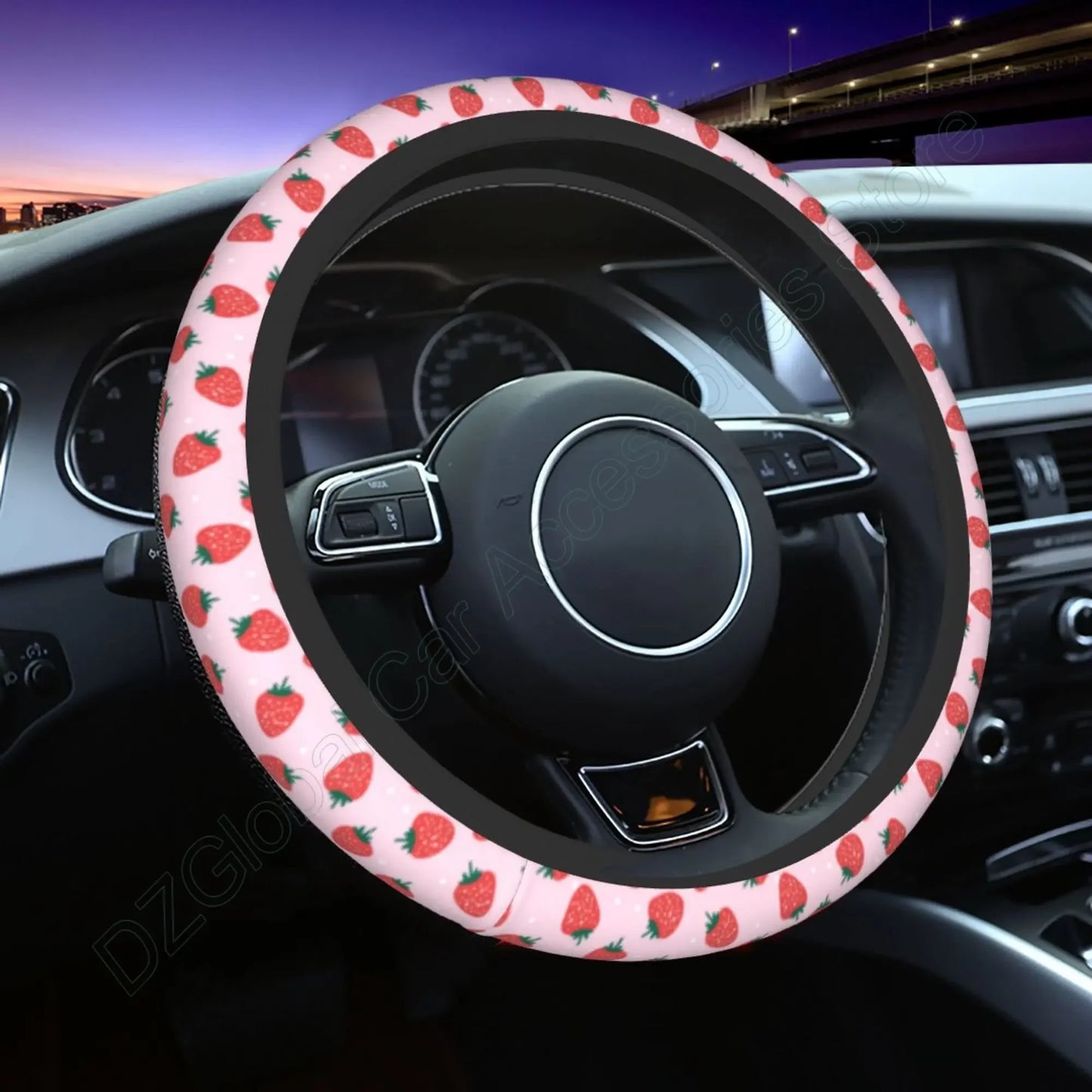 Kawaii Strawberry Flowers Steering Wheel Cover πΈπ | Anti-Slip Elastic Car Accessory π | Universal Fit 15" Protector π‘οΈ