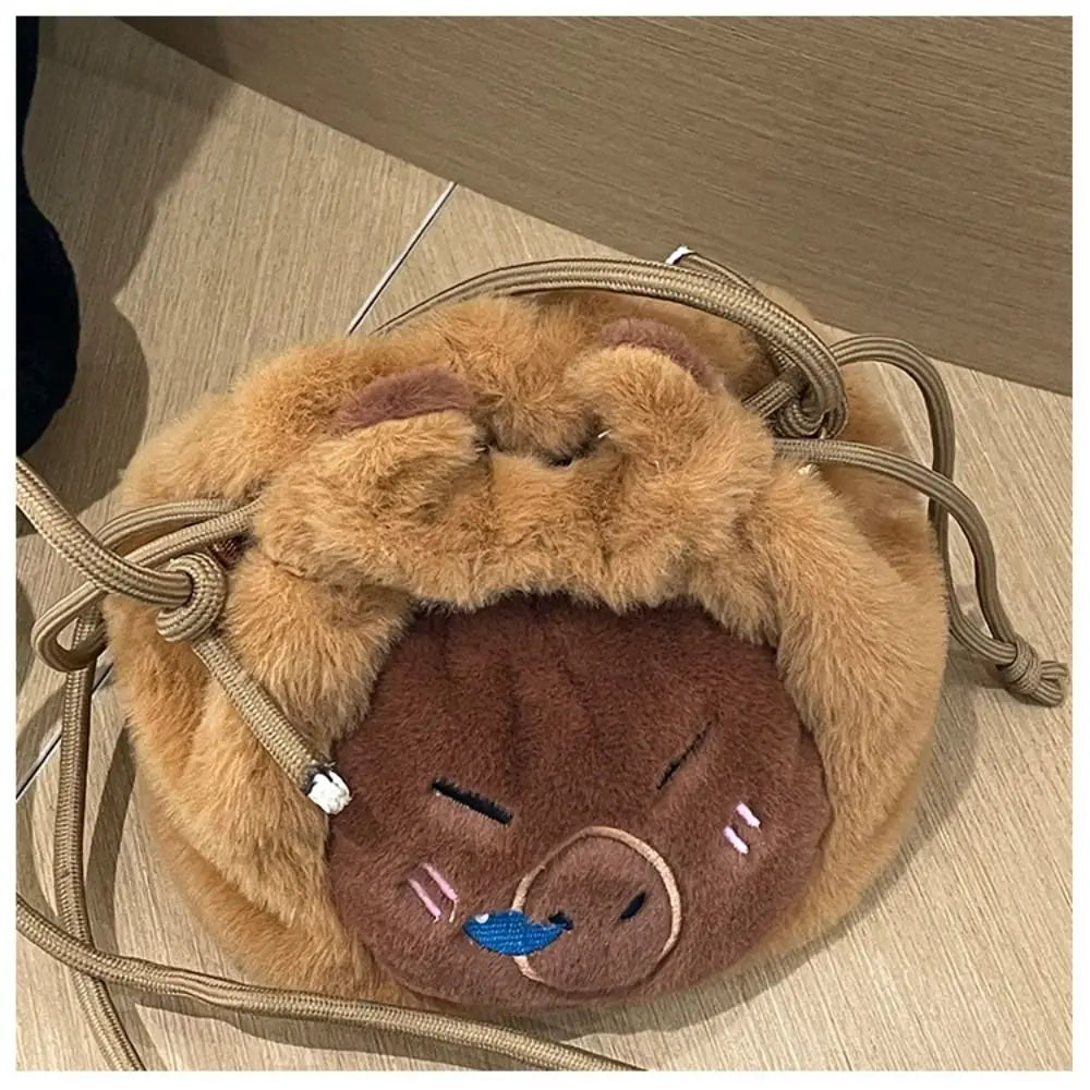 Kawaii Capybara Plush Crossbody Bag πΎβ¨ | Cute Drawstring Bucket Pouch for Phone & Coins ππ