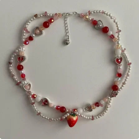 Kawaii Strawberry Pearl Choker πβ¨ | Handmade Beaded Necklace | Adjustable Cute Gift for Her! π