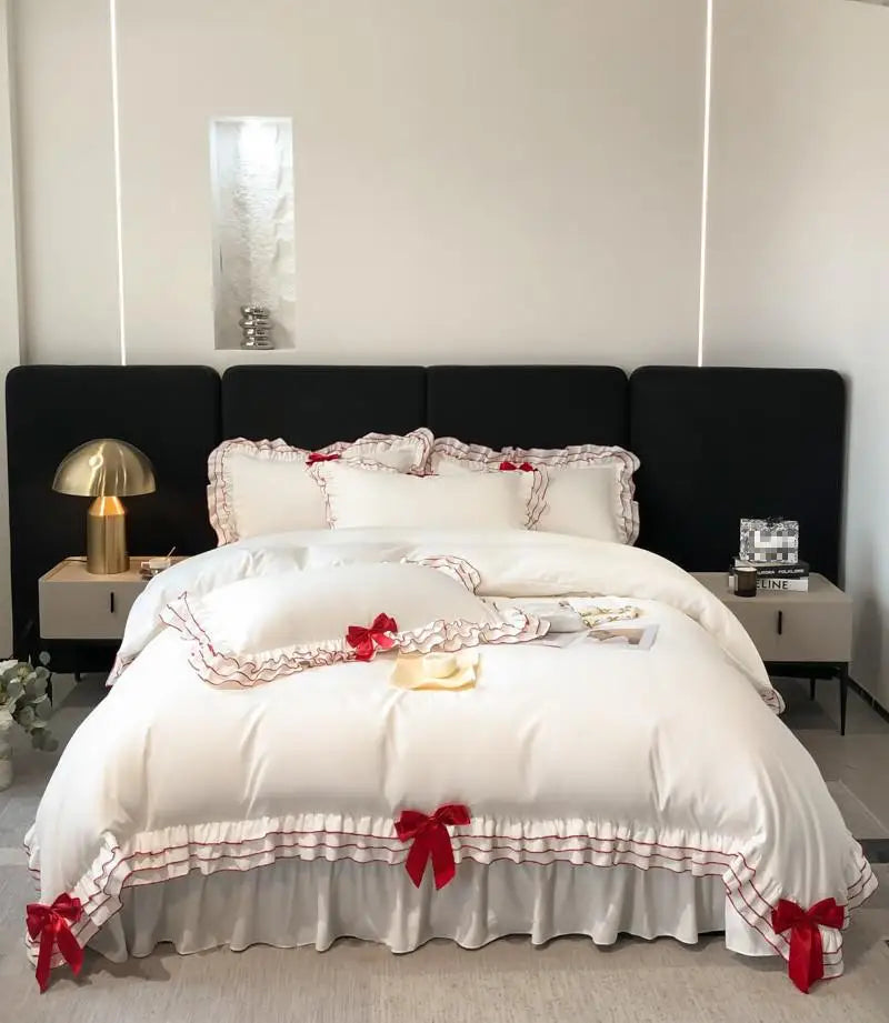 Adorable Ruffle White Duvet Cover Set ๐ธโจ Soft Microfiber Girls' Bedding with Cute Bow-Knots ๐ 3/4/6Pcs Options