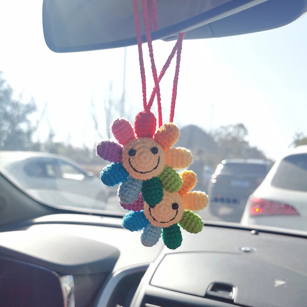 Kawaii Rainbow Flower Waffle Car Mirror Charm ๐ธโจ | Handmade Crochet Decor for Joyful Vibes!