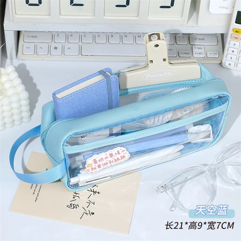 Kawaii Transparent Pencil Case πβ¨ | Multifunctional Storage Bag for Girls π | Large Capacity Double Layer School Supplies π¨βοΈ