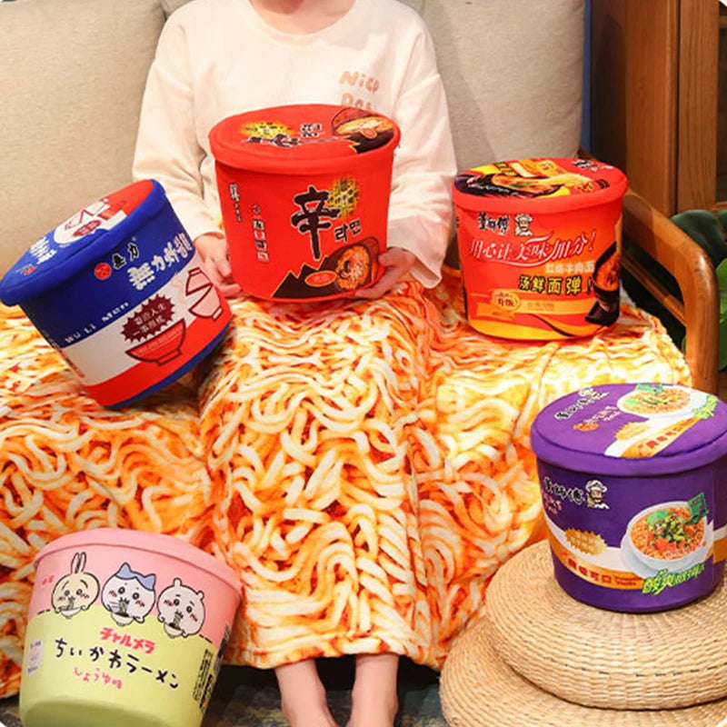 Kawaii Instant Noodle Plush Blanket πβ¨ - Adorable Ramen Pillow & Storage Bucket for Cozy Naps! ππ