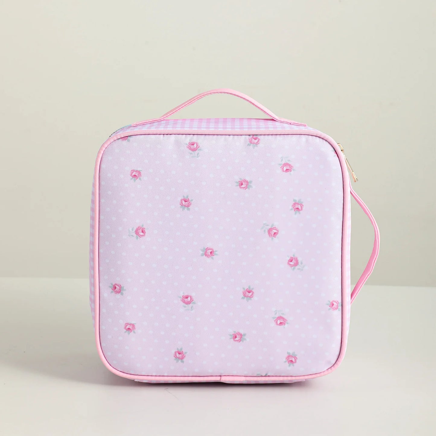 Kawaii Insulated Lunch Tote π±πΈ Cute Floral Canvas with Polka Dots & Blue Plaid Bow πΌπ Portable Zipper Bag with Handle