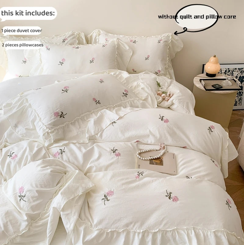 Kawaii Rose Lace Duvet Cover Set πΈπ (3pcs: 1 Duvet + 2 Pillowcases) - Princess Style Bedding for Cozy Dreams!β¨