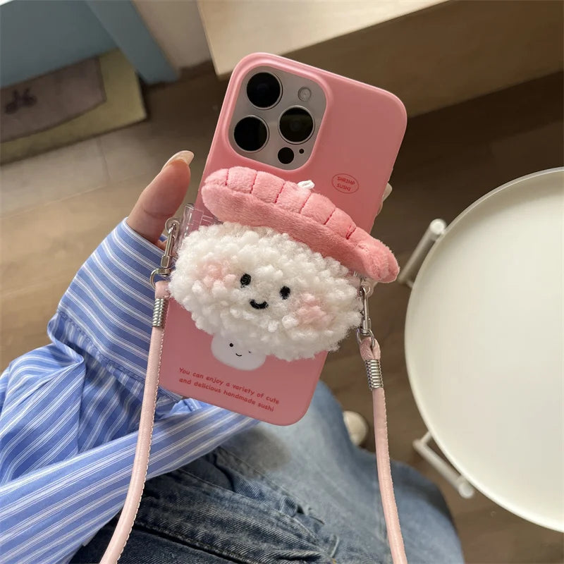 Adorable Kawaii Sushi Plush Crossbody Phone Case 🍣✨ for iPhone 12/13/14/16 Pro Max - Cute Cartoon Design with Lanyard! 🌈📱