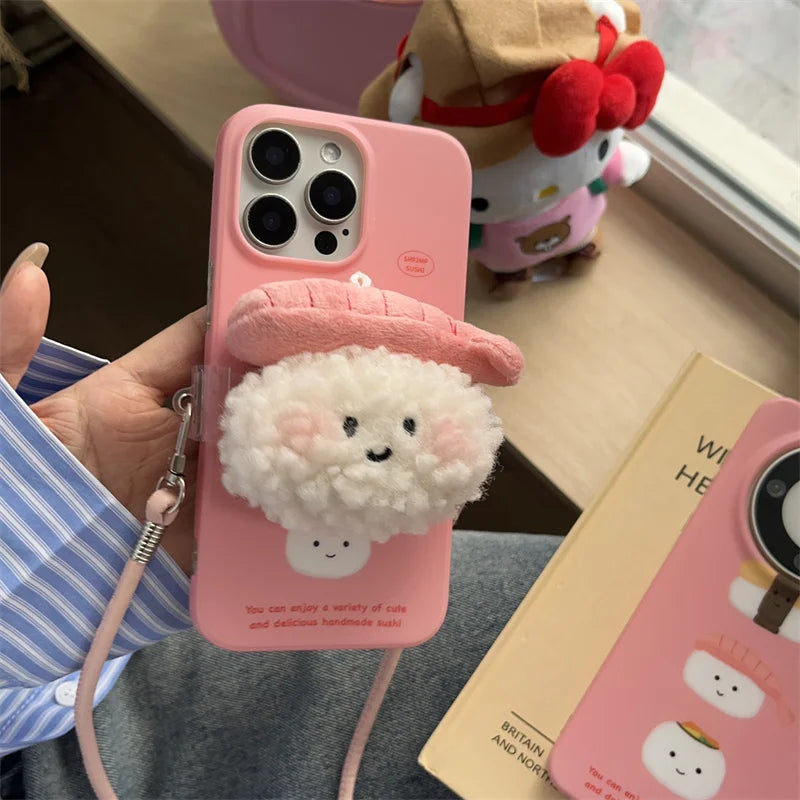 Adorable Kawaii Sushi Plush Crossbody Phone Case 🍣✨ for iPhone 12/13/14/16 Pro Max - Cute Cartoon Design with Lanyard! 🌈📱