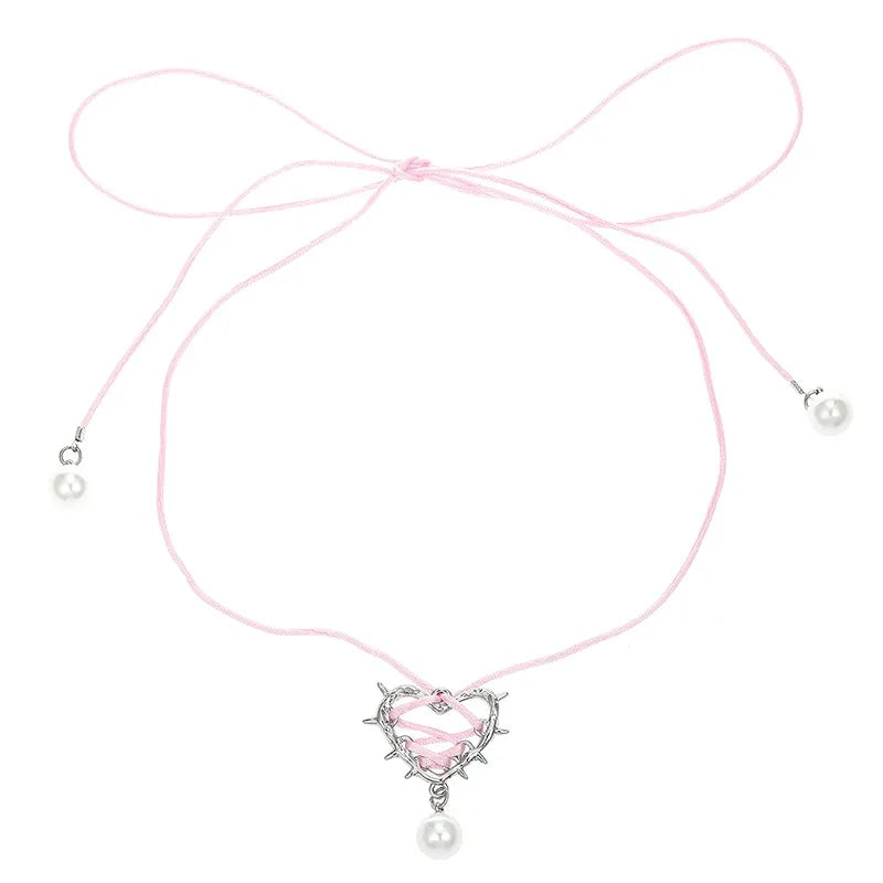 ✨Sweet Peach Heart Vibes 💖 Rope Ribbon Pendant Necklace for Trendy Ladies! 🌟