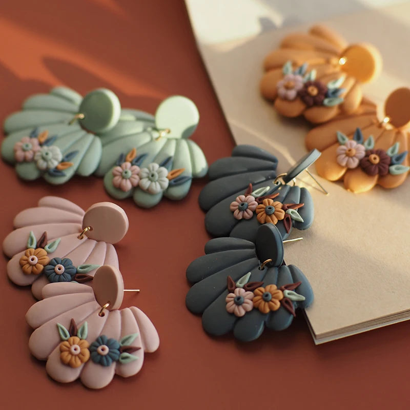 Shell Shape Multicolor Flower Pendant Chunky Polymer Clay Earrings For Women 💖🌸